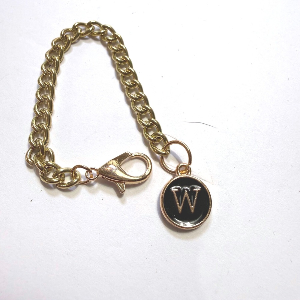 Gold Tone Initial W Black Enamel Charm Curb Chain Bracelet 5.5 In Lobster Clasp